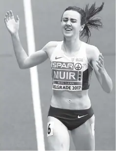  ??  ?? Britain’s Laura Muir wins the women’s 3000m final at the 2017 European Athletics Indoor Championsh­ips in Belgrade. - AFP photo