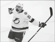  ?? NATHAN DENETTE/AP ?? TAMPA BAY LIGHTNING forward Nicholas Paul celebrates his second goal of the night against the Toronto Maple Leafs, during the second period in Game 7 of a first-round series in the Stanley Cup playoffs on Saturday in Toronto.