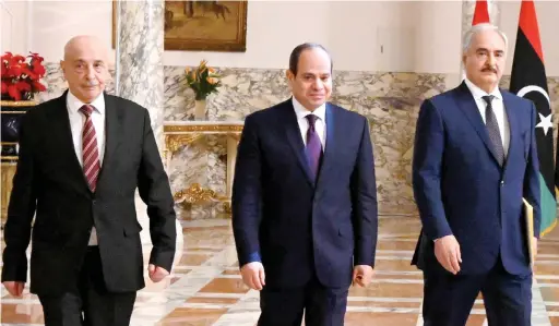  ?? Photo/Supplied ?? Libyan Commander Khalifa Haftar, right, and Libyan Parliament Speaker Aguila Saleh, left, meet with Egyptian President Abdel Fattah El-Sisi, center, in Cairo on Wednesday.