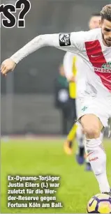  ??  ?? Ex-Dynamo-Torjäger Justin Eilers (l.) war zuletzt für die Werder-Reserve gegen Fortuna Köln am Ball.