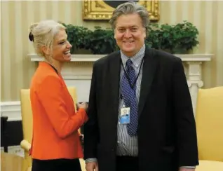  ??  ?? White House senior adviser Kellyanne Conway smiles with chief strategist Steve Bannon in the Oval Office in Washington. Photo: Reuters. Below: There will be more creative garden designs on show at this year’s Bloom Festival