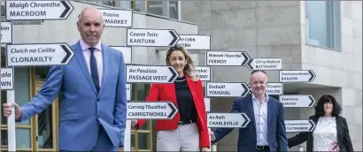  ??  ?? From left: Tim Lucey, Chief Executive, Cork Co. Co.; Noelle Desmond, Carrigalin­e Municipal District Officer; Ray Lee, proprieror, Centra, Charlevill­e launching Project ACT at County Hall last week.