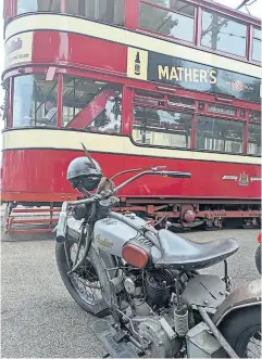  ?? ?? Tim Ball’s most covetable 1925 Indian Scout 101 being passed by Leeds 180, a 1930s Horsfield class tram built by Brush of Loughborou­gh. It was taken out of service in 1957 but briefly returned to service in 1958 when the body was used on a tram which had been in a collision with a bus. It arrived at Crich in February 1960. Tim arrived at Crich at about 11 o’clock.