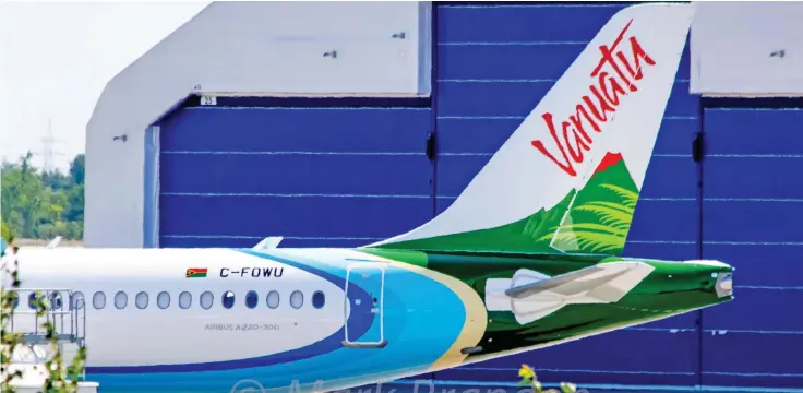  ??  ?? Air Vanuatu has made a virtue of using bright, eye-catching livery to get noticed. And its brand new A220-300s are ramping the eye-catching factor up a few notches.