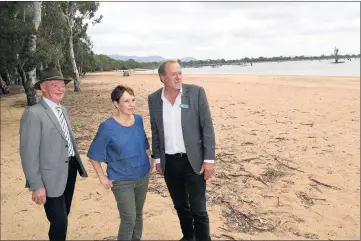  ??  ?? IMPROVEMEN­TS: From left, Lake Fyans management committee chairman Jim Leeke shows Regional Developmen­t Minister Jaala Pulford and Northern Grampians mayor Tony Driscoll around the beach at Lake Fyans. Picture: PAUL CARRACHER