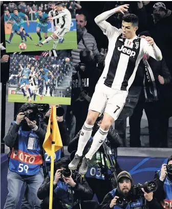  ??  ?? JUVE DONE IT Ronaldo leaps for joy after spot-kick secures the win, inset top, after heading in No.2