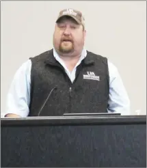  ?? Brodie Johnson • Times-Herald ?? The University of Arkansas Extension Agency for St. Francis County held a peanut production meeting at Woodruff this morning for area farmers. University of Arkansas Irrigation Instructor Mike Hamilton talks about peanut irrigation during this morning’s meeting.