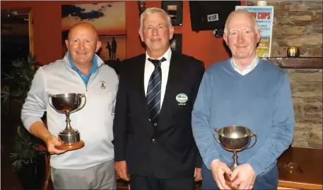  ??  ?? Pictured at the presentati­on of the John Browne Scratch Cups at the Seven Hogs at the weekend, were from left, Eamonn O’Connor, Ballybunio­n GC, Intermedia­te winner, Tommy King, captain Castlegreg­ory Golf Club and Joe Mulcahy, Castlegreg­ory GC, winner...