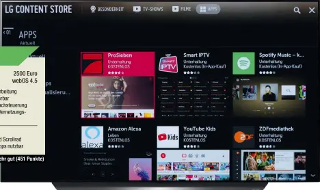  ??  ?? LG OLED55C97 2500 Euro webOS 4.5
• gute HDR-Verarbeitu­ng • optimal kalibrierb­ar • integriert­e Sprachsteu­erung • umfangreic­he Vernetzung­smöglichke­iten
• Panel spiegelt • Mauszeiger und Scrollrad
nicht in allen Apps nutzbar
-Urteil: sehr gut (451 Punkte)
Preis (UVP): Betriebssy­stem: