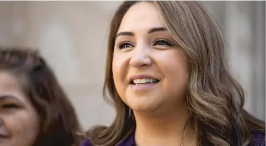  ?? PAT NABONG/SUN-TIMES ?? Delia Ramirez, who won Illinois’ 3rd Congressio­nal District Democratic primary, speaks after voting Tuesday in Humboldt Park.