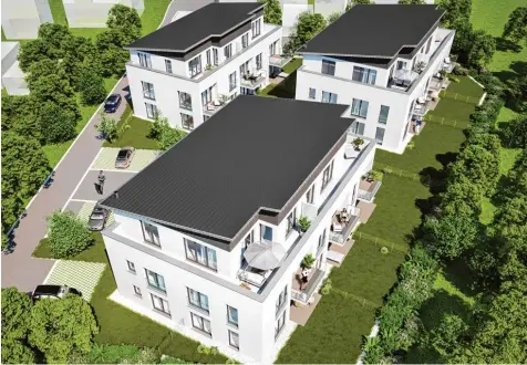  ?? Foto: Ulrich Reitenberg­er Bau GmbH ?? Drei moderne Mehrfamili­enhäuser entstehen im Rieder Ortskern. Es ist das erste größere Wohnungsba­uprojekt in der Gemeinde.