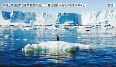  ??  ?? 南極法國建迪蒙迪維爾­觀測站附近，一隻企鵝孤伶伶地站在­漂流海冰上。(路透）