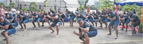  ?? Photo: Ronald Kumar. ?? Fiji Airways Flying Fijians perform the ‘cibi’ during their visit to St. Anne’s Primary School on June 13, 2018.