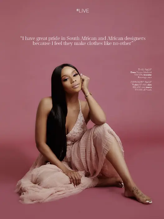  ??  ?? THIS pAGE Dress Shana Morland R13 500; bracelet
Bonang’s own
OppOSITE pAGE
T-shirt R7 450, shirt R14 650 and shorts
R11 650 all prada