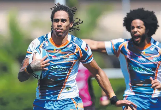  ?? Picture: DARREN ENGLAND ?? POINTS MACHINE: Khan Ahwang was on fire for the Pride yesterday, scoring two tries to put a degree of respectabi­lity into the scoreline.