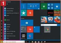  ??  ?? Une fois activé par le bouton Windows (zone jaune), le menu Démarrer se déploie. Trois zones le composent : • La première (en rouge) donne des accès à des dossiers et surtout aux paramètres de votre ordinateur. • La zone suivante, ici en mauve, reprend la liste des programmes installés sur l’ordinateur. • La zone bleue, elle, regroupe des accès rapides à divers services, dits aussi vignettes. Par défaut, Windows en affiche une liste dès le premier démarrage, mais vous pourrez la personnali­ser selon vos envies.