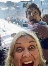  ?? ?? SHOWTIME: Yvie is photobombe­d by Greg James at BBC Radio 1’s Big Weekend and, right, Yvie and Gordon in Milan.