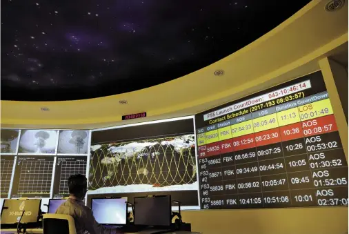  ?? 陳之俊攝 ?? 位在新竹國家太空中心­內的操控中心，可隨時觀察衛星即時動­態，執行上傳指令、下載資料等任務。