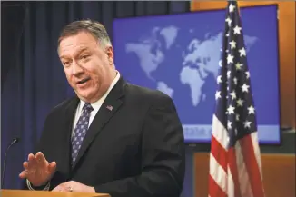  ?? Alex Wong / Getty Images ?? Secretary of State Mike Pompeo speaks during a news briefing at the State Department on Tuesday in Washington.