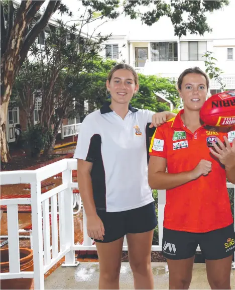  ??  ?? Suns AFLW player Molly Ritson with St Hilda's students (from left) Ruby Dalgliesh, Casey Wynne and Madeline Smith at the boarding school ahead of today’s first home game.