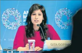  ?? BLOOMBERG/FILE ?? IMF chief economist Gita Gopinath said growth in India slowed sharply owing to stress in the nonbanking n financial sector and weak rural income growth.