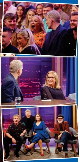  ?? ?? host with the most: New Late Late host Patrick Kielty with, above, Hector Ó hEochagáin, Lauren Blewitt and Tommy Tiernan, centre, former president Mary McAleese and, above, doling out free Rugby World Cup tickets to winner in audience