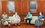  ?? — PTI ?? Lok Sabha Speaker Om Birla during a meeting with leaders of all the parties, including Prime Minister Narendra Modi and Congress president Sonia Gandhi, in the House in New Delhi on Wednesday.