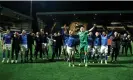  ?? ?? Stockport County’s players celebrate winning the League Two title in style with a 5-2 win at Notts County. Photograph: Nigel French/PA