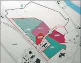  ??  ?? Initial plans for the Blar Mhor site show phase one and two – marked green – of the housing developmen­t either side of the new hospital, STEM centre and community building – marked red.