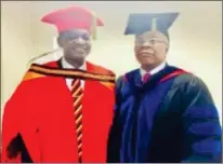  ?? ?? Dr Peya Mushelenga and the late Prof Ray Auala at the installati­on of the Unam Chancellor in 2018.