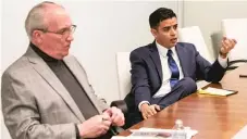  ??  ?? Rep. Daniel J. Burke ( left) lost his 1st District Democratic primary to challenger Aaron M. Ortiz. The candidates are shown meeting with the Sun- Times Editorial Board in February.
| RICH HEIN/ SUN- TIMES