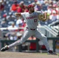  ?? JOHN PETERSON – THE ASSOCIATED PRESS ?? Arkansas starting pitcher Connor Noland gave up just one homer against Stanford in the NCAA College World Series on Saturday.