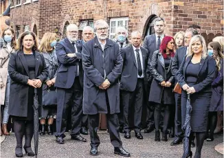  ?? PHOTO: LIAM MCBURNEY/PA ?? Paying respects: Sinn Féin leader Mary Lou McDonald, former leader Gerry Adams, and Deputy First Minister Michelle O’Neill attending the funeral of former leading IRA figure Bobby Storey in west Belfast.