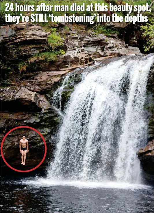  ?? ?? Risk: A ‘tombstoner’ – so-called due to their straight, upright posture as they jump – at the Falls of Falloch yesterday