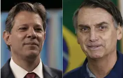  ?? FOTO: TT-AP/SILVIA IZQUIERDO ?? De två kandidater­na som går vidare till den avgörande valomgånge­n: Fernando Haddad och Jair Bolsonaro.