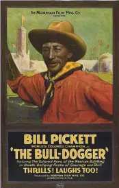  ??  ?? 3. Bill Nebeker, Hare-raisin’ Ride, bronze, 23 x 12 x 9" 4. Norman Film Manufactur­ing Company, Poster for “The Bull-dogger”, starring Bill Pickett, 1921 5. Andy Thomas, Hot Time in Ft. Benton - A True Story, oil on linen, 26 x 46" 6. Andy Thomas, The Gang’s Settlement, oil on linen, 28 x 44" 7. Brian Lebel’s Old West Show &amp; Auction, The Hungry Sign, oil on board, 20 x 34”, by Joe Beeler (1931-2006).