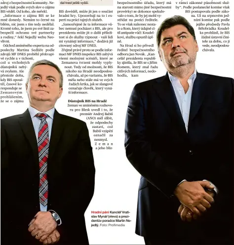  ?? Foto: Profimedia ?? Hradní páni Kancléř Vratislav Mynář (vlevo) a prezidentů­v poradce Martin Nejedlý.