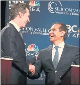  ?? STAFF FILE PHOTO ?? Lt. Gov. Gavin Newsom, left, in running for governor pledged to create a universal care system as he dueled with former Los Angeles Mayor Antonio Villaraigo­sa, right, who shared others’ skepticism about it.