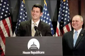  ?? AP/MANUEL BALCE CENETA ?? House Speaker Paul Ryan (left), at a news conference Tuesday with House Majority Whip Steve Scalise of Louisiana, said the proposed budget bill would keep the government running through April.