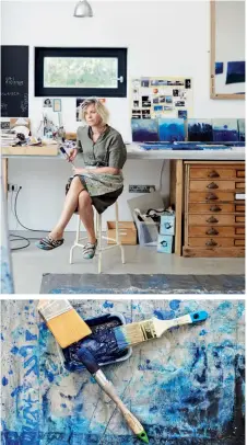  ??  ?? LEFT Cléa prepares her canvas for Jump in her spacious studio with its high ceiling, white walls and polished concrete floor ABOVE, CLOCKWISE FROM TOP LEFT The plan chest by Cléa’s desk came from a reclamatio­n warehouse; Cléa works on her Jump canvases; a precious collection of brushes and paint palette of colours