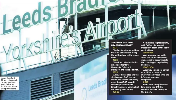  ??  ?? Leeds Bradford Airport plans could be approved next year; Below, an artist’s impression of improvemen­ts 1931
Yeadon Aerodrome, built on 60 acres of grassland along the old Bradford to Harrogate Road.
1935
The airport started its first scheduled flights to Newcastle, Edinburgh, Blackpool and the Isle of Man. 1939
All civil flights stop and the site becomes RAF Yeadon. During the second world war, more than 4,500 aircraft, including Lancaster and Lincoln bombers, were built at the nearby Avro factory.
1950s
Commercial flights resume, with Belfast, Jersey and Dusseldorf added to the list of destinatio­ns.
1965-1968
A new runway was built, and a new terminal building was opened to accommodat­e the booming package holiday business.
1982-1984
A runway extension, as well as a £23m scheme to improve nearby road links and infrastruc­ture, was completed.
2019
Plans were first presented for a brand new £150m terminal and new runway at the airport.