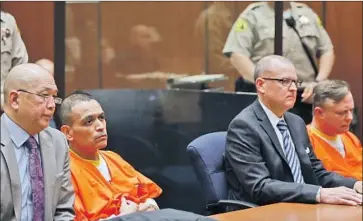  ?? Gary Coronado Los Angeles Times ?? ATTORNEY Bill Seki, left, LAPD Officer Luis Valenzuela, attorney Stewart Powell and Officer James C. Nichols listen during a hearing on the officers’ plea deal in Los Angeles County Superior Court on Monday.