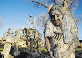  ??  ?? Statues at Thunder Mountain Monument depict Native Americans of various nations and status.