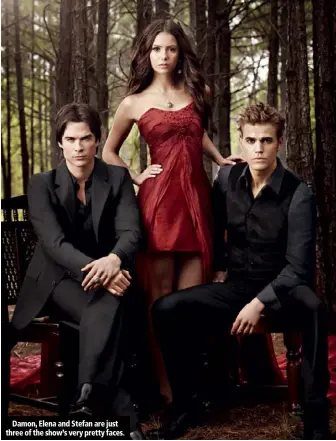  ??  ?? Damon, Elena and Stefan are just three of the show’s very pretty faces.