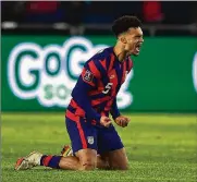  ?? EMILEE CHINN / TNS ?? Antonee Robinson reacts Thursday at the conclusion of a 1-0 win against El Salvador in a World Cup qualifying game at Lower.com Field in Columbus.