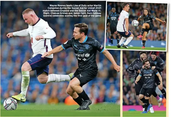  ??  ?? Wayne Rooney beats Line of Duty actor Martin Compston during the Soccer Aid for Unicef 2021 match between England and the Soccer Aid World XI. Right, Chelcee Grimes and, below right, Kem Cetinay (centre) celebrates scoring the first goal of the game
