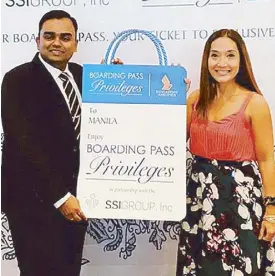  ??  ?? Singapore Airlines Philippine­s general manager Balagopal Kunduvara and Stores Specialist­s Inc. communicat­ions and marketing head Michelle Suarez at Philippine launch of Singapore Airlines’ Boarding Pass Privileges
