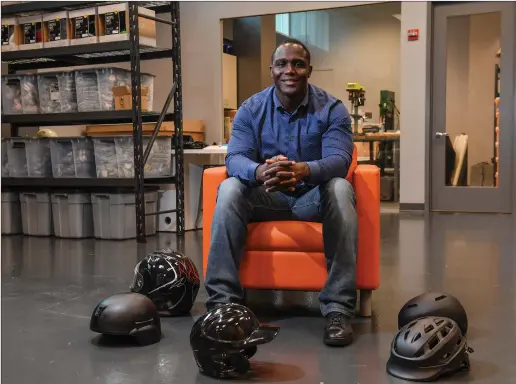  ?? Washington Post photo ?? Former New England Patriots cornerback player Shawn Springs at his Leesburg, Va., company, with helmets for which he provides pad technology.