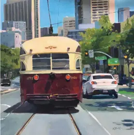  ??  ?? City Street, acrylic on panel, 16 x 16" (41 x 41 cm)
San Francisco is a beautiful city with an abundance of subject matter. This was inspired by one of my photo safaris. The big shape of this bus overrides everything else. It’s the first thing your eye goes to but then you begin to see the other elements that vary in size, shape and color. As your eye travels around, you are led back into the bus by the lines of the track and wires. I tried keeping the details in the background simplified to enhance the focus.