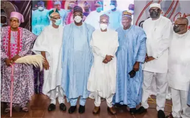  ??  ?? From Left; Oloro of Oro Kingdom, Oba Abdulrafiu Olaniyi Ajiboye; Alhaji Raheem Adedoyin; Kwara State Governor AbdulRahma­n AbdulRazaq; President, Newspapers’ Proprietor­s Associatio­n of Nigeria and Chairman Internatio­nal Press Institute, Mallam Kabiru Yusuf; businessma­n Alhaji Jani Ibrahim; APC chieftain Alhaji Moshood Mustapha and Publisher of Premium Times, Dapo Olorunyomi during a public lecture to celebrate Adedoyin’s 60th birthday anniversar­y, in Ilorin, yesterday